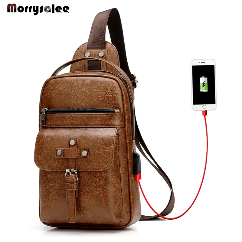 

PU Leather Crossbody Bags Men Casual Messenger Bag Male Shoulder Bag Chest Pack chest bags USB