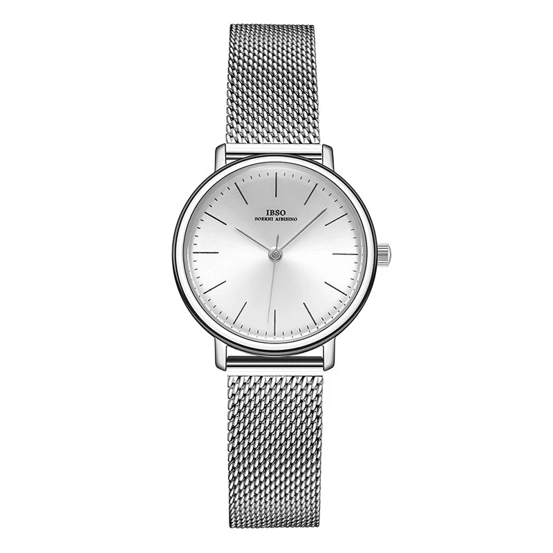 White Silver IBSO женские кварцевые часы Роскошные ультра тонкие из нержавеющей стали с сетчатым ремешком Кварцевые часы Женские Простые Relogio Masculino - Цвет: White Silver