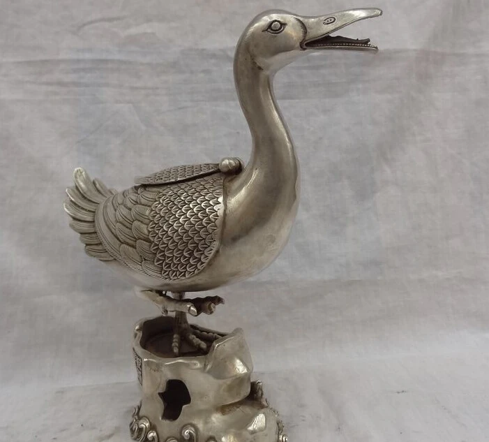 JP S0114 11" Chinese Silver Duck Head On Wealth Fish Statue Incense Burner Censer Holder |