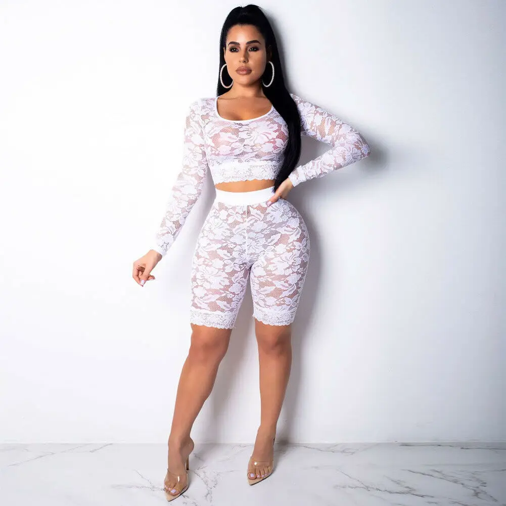 Сексуальный женский комплект из 2 предметов кружевной ажурный укороченный топ