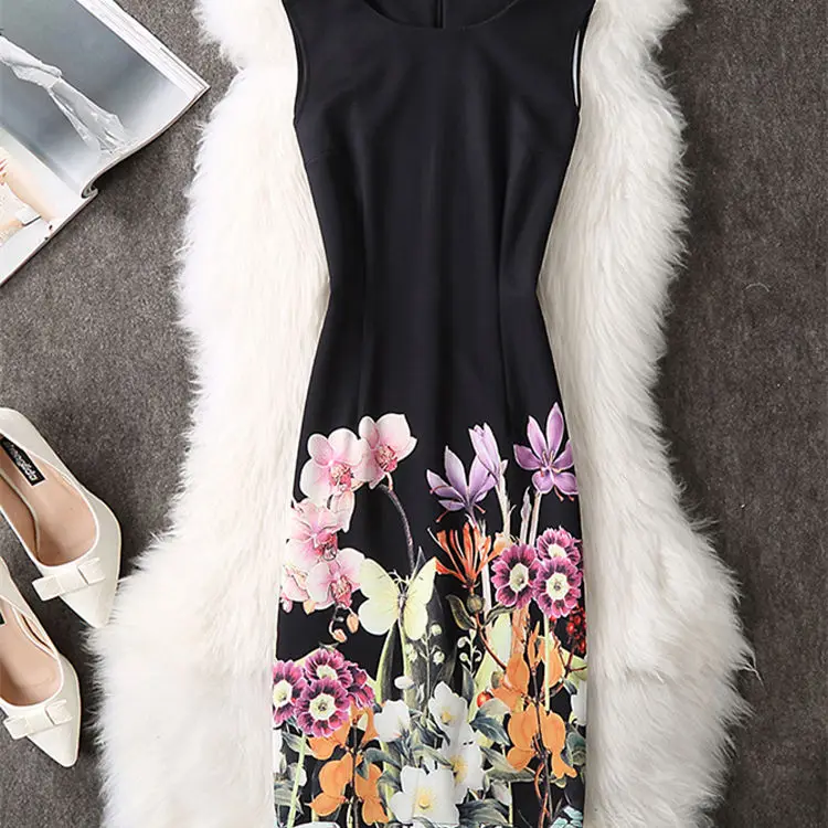 Soperwillton, летнее женское платье, для офиса, с принтом, карандаш, Vestidos, бодикон, с круглым вырезом, повседневное, без рукавов, женские платья# A767 - Цвет: BLACK