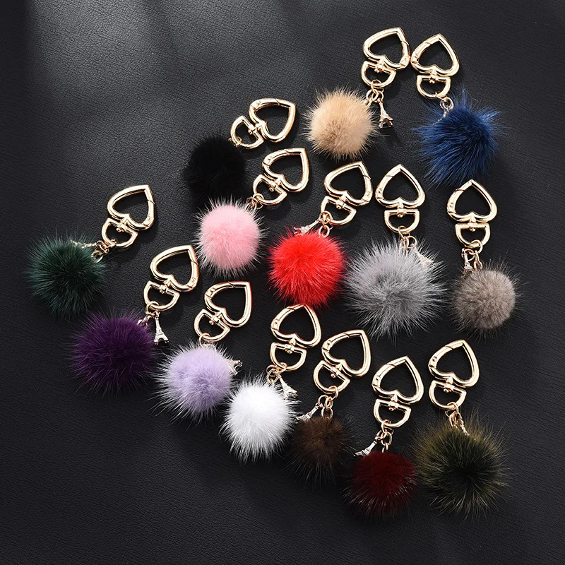 

New Really water mink fur ball heart key chain fur Charm car key ring love plush pendant keychain party gift Jewelry K3003