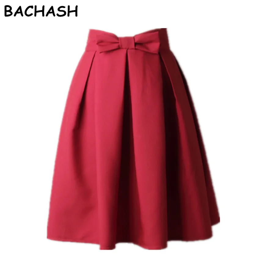 BACHASH элегантная женская юбка с высокой талией, Плиссированная Юбка До Колена, винтажная трапециевидная юбка с большим бантом, красные, черные, с боковой молнией, юбки для скейтеров, красные