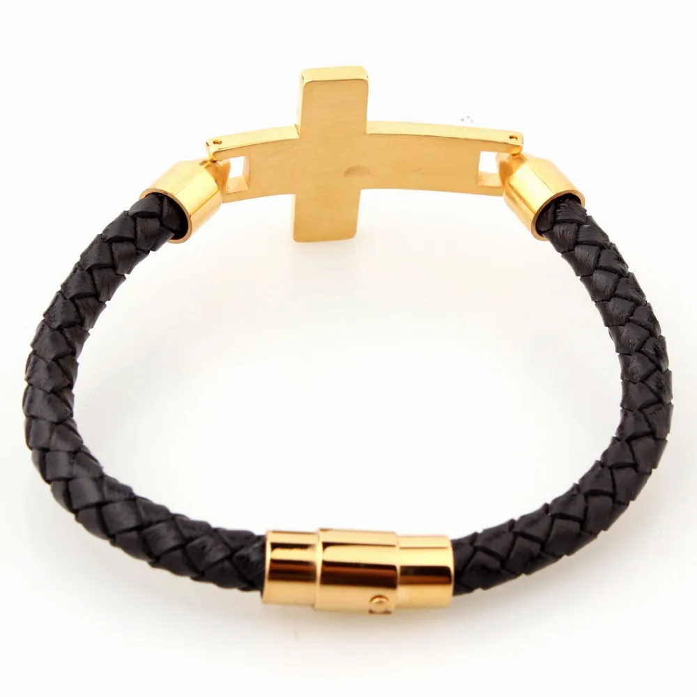 Мужской браслет из нержавеющей стали 316L черный кожаный золотистого цвета с