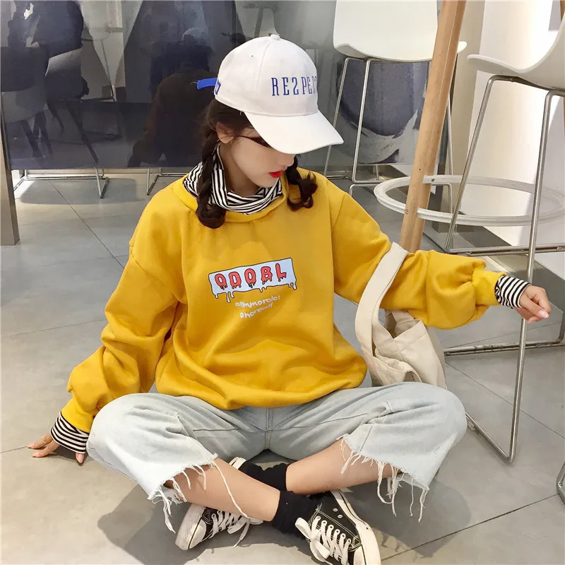 Harajuku водолазка в полоску принт Графический негабаритный Женская толстовка KPOP 2019