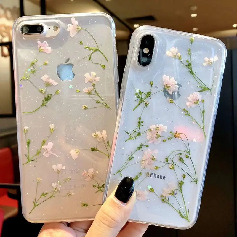 Настоящие цветы сухоцветы Мягкие TPU чехол для iPhone X XS XR XS Max 6 6 S 7 8 плюс Прозрачный Bling Красивая задняя крышка