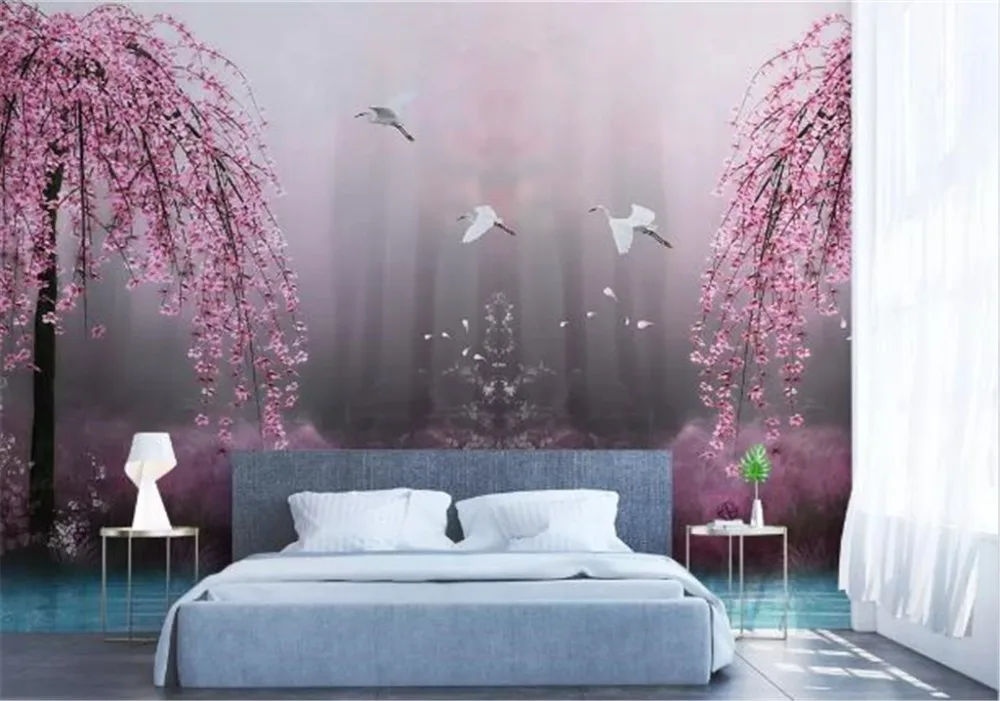 Пользовательские Любой размер 3d Wallpape красивые мечтательные розовые вишни Лебедь