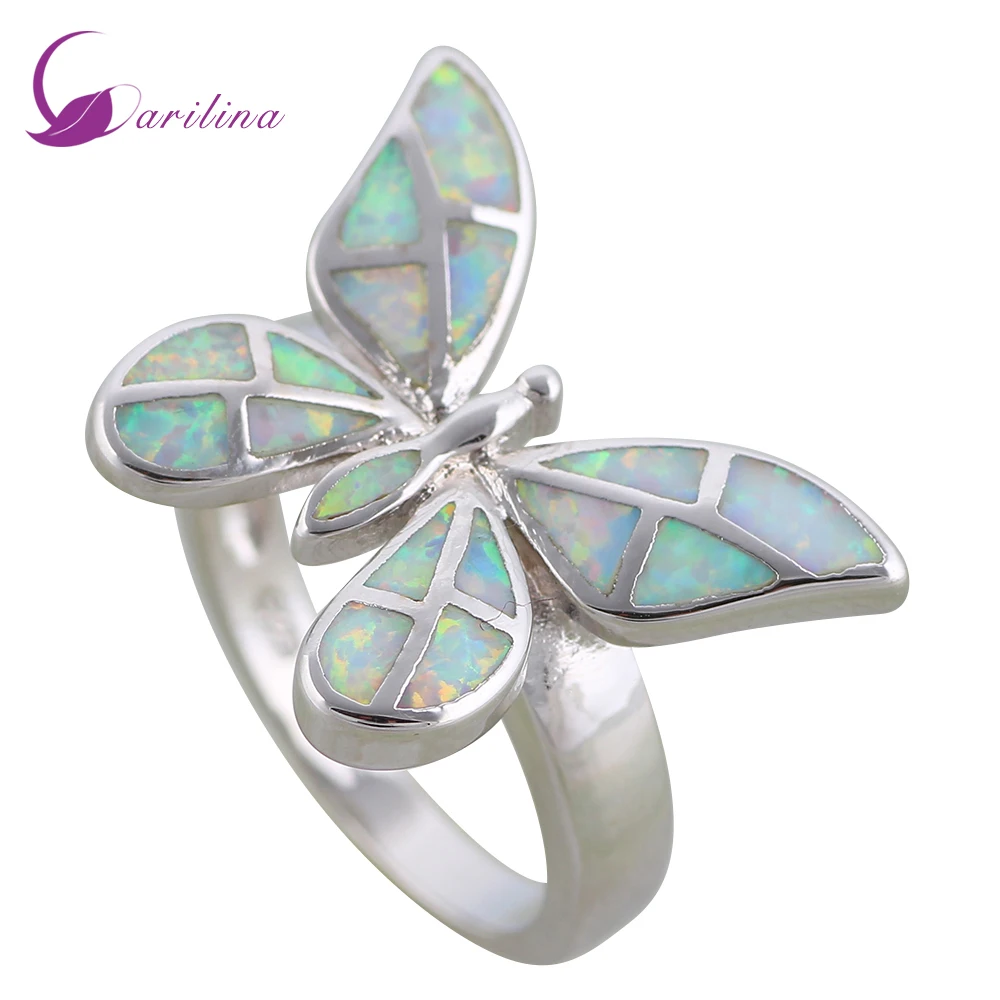 

Fashion Jewelry Rings For Women Butterfly White Opal Ring Silver Color Party Silver Ring Size 5 6 7 8 9 10 R616