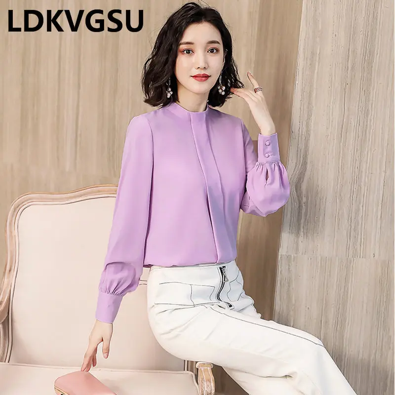 Женская шифоновая рубашка свободная однотонная с длинным рукавом и воротником