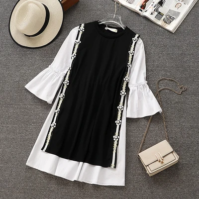 Black L-4XL размера плюс осенний комплект из двух предметов с круглым вырезом без рукавов жилет для женщин платье с расклешенными рукавами Женская корейская мода - Цвет: Black