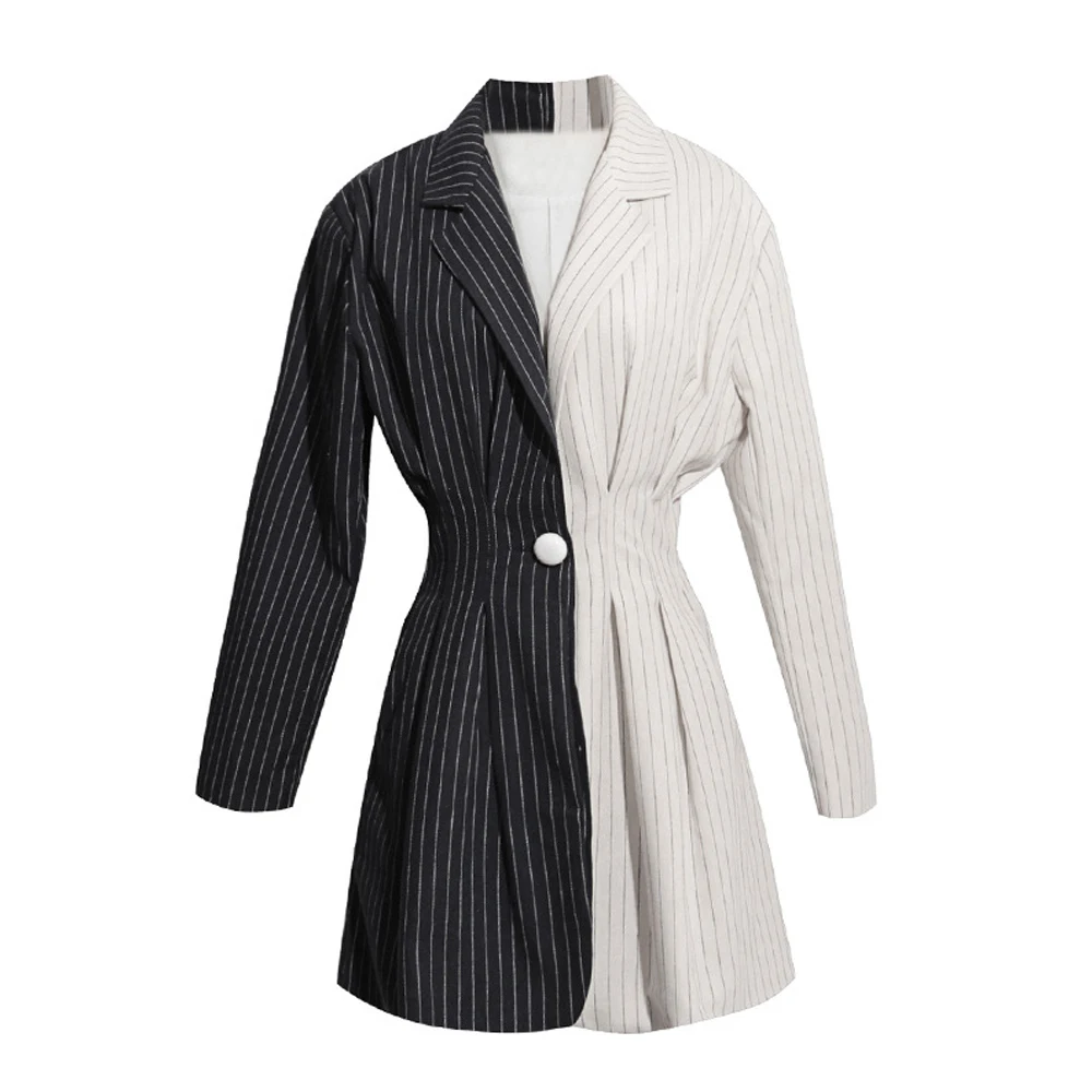 Women Autumn Suit Pattern Striped Color Block Turn-down Collar Single Button Slim Cotton Jacket Green Navy Blue FS0676 | Женская одежда