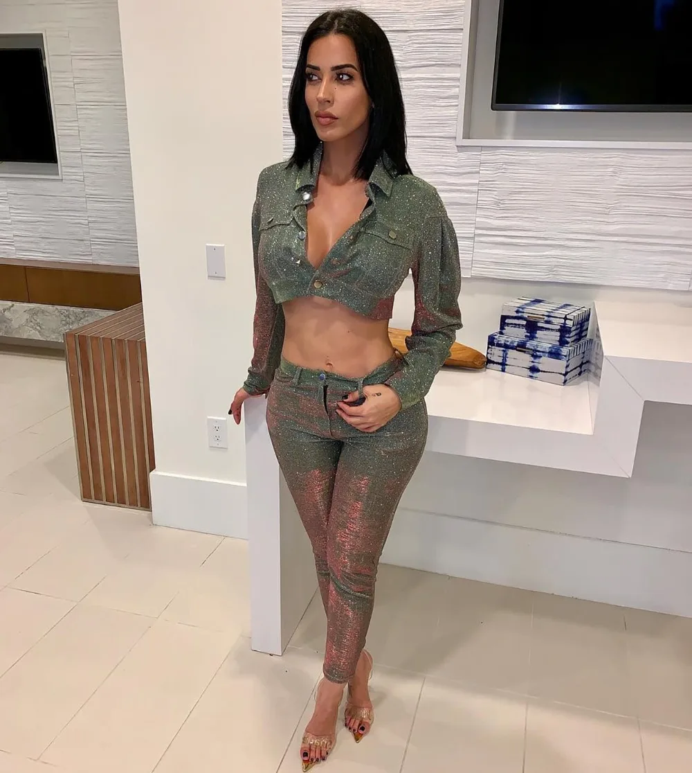 Пикантный Блестящий облегающий Женский комплект повседневный укороченный Топ с