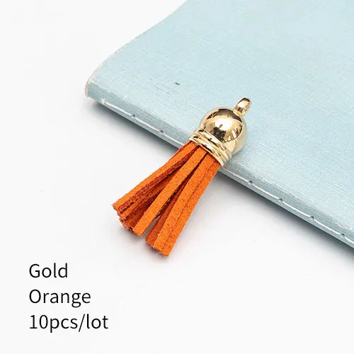 Gold Orange 10 штук 35 мм кожаные подвески с кисточками из искусственной замши с шапками для брелоков, ремешки для ключей, аксессуары для самостоятельного изготовления, многоцветные - Цвет: Gold Orange
