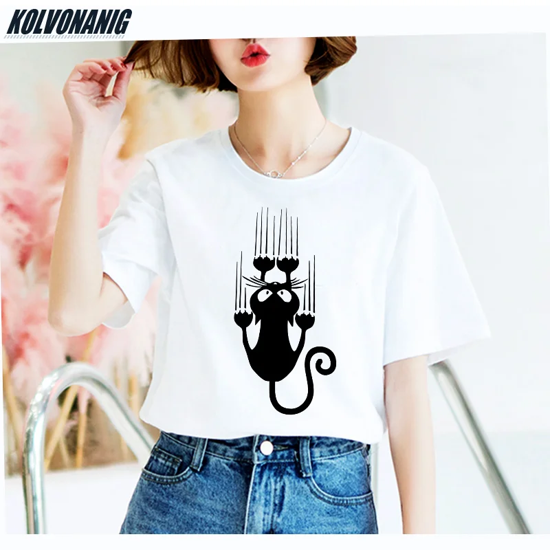 

Fashion Funny Climbing Cat Print Women Tshirts Cotton Casual T Shirt For Lady Girl Top Tee Hipster Female T Shirt Women Clothing