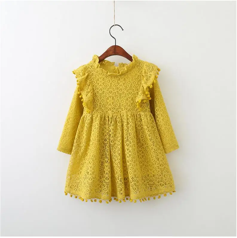 2017 new fashion kids girls flare sleeve lace dress children toddler full hallowing pom fall clothing | Детская одежда и обувь