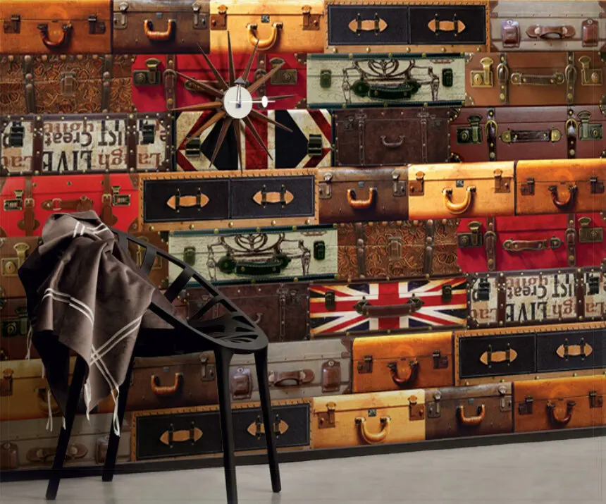 A large mural wall paper bar KTV deck boxes Europe and England Coffee dessert shop Vintage suitcase | Обустройство дома