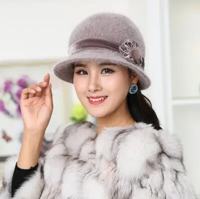 Only hat Зимняя женская вязаная Цветочная шапка Skullies, супер-мягкая шерсть, шапка из меха кролика, теплые шапки, женские Мешковатые Головные уборы - Цвет: Only hat