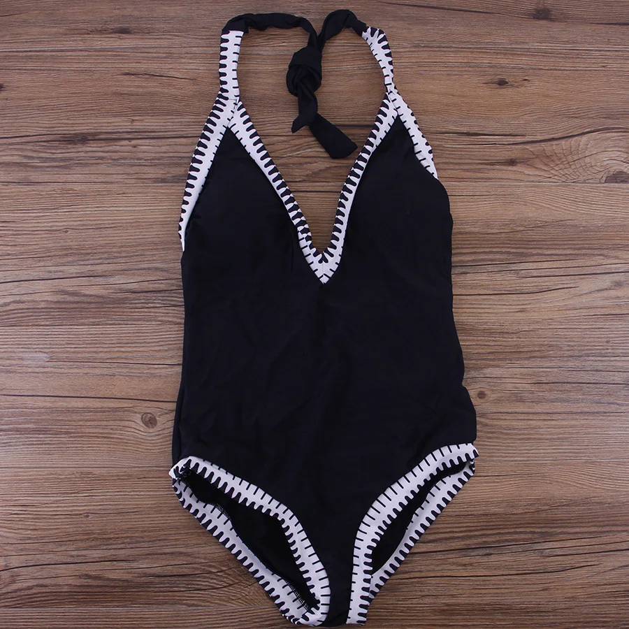 Черный белый цвет сдельный купальник с открытой спиной 2018 лямкой на шее