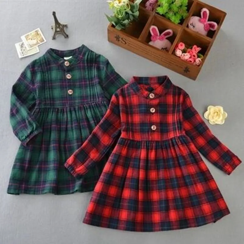 2017 Autumn girls cotton long sleeve red green plaid dress fashion children's casual clothes spring princess blouse 17A907 | Детская