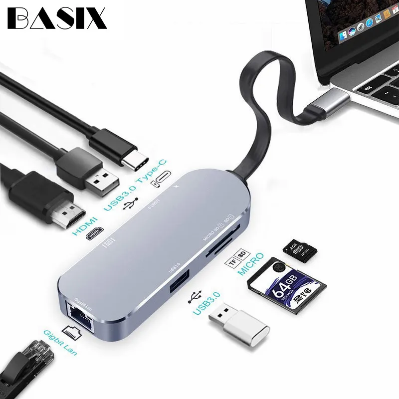Концентратор Basix USB 3 1 type C к HDMI 4K 1000M Rj45 Gigabit Ethernet SD/TF кард ридер 0 хаб PD зарядный порт