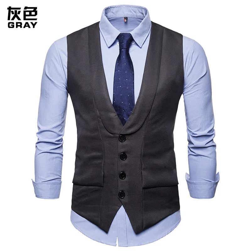 Мужской однобортный жилет с V образным вырезом без рукавов|Костюмные жилеты| |