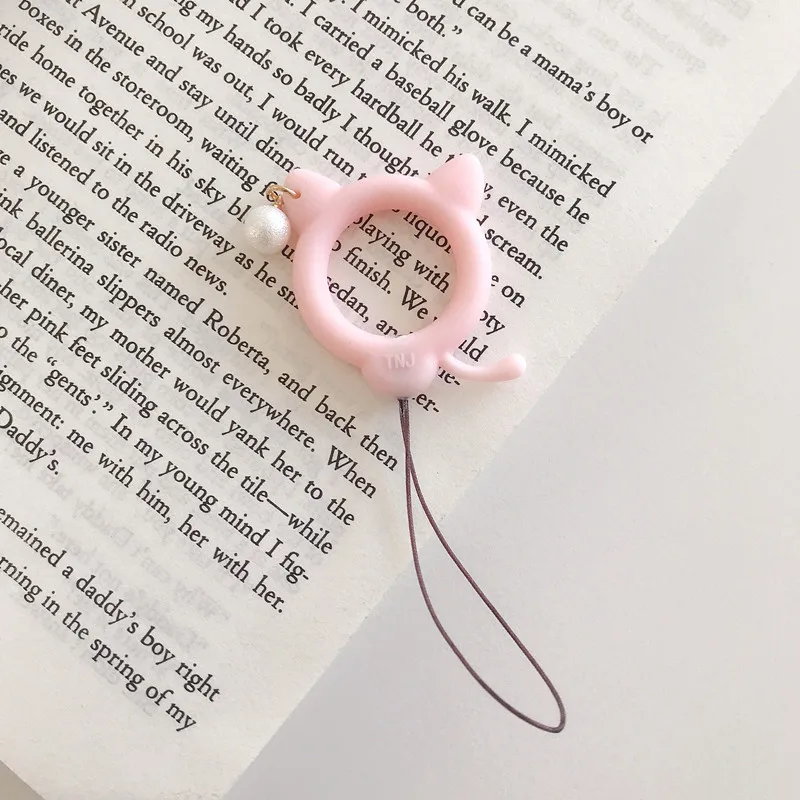 Cute cat pearl Universal Mobile Phone Ring Finger Strap Charm Lanyard Silicone Macaron Kwaii Loop Phone Unique Soft For IPhone