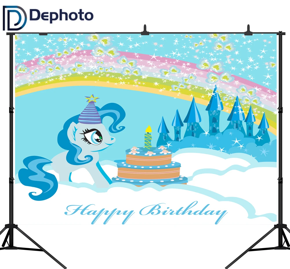 DePhoto фон для фотосъемки Единорог день рождения радуга звезды облака замок