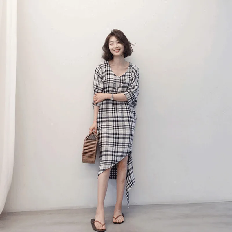 Женское хлопковое свободное платье до середины икры летнее асимметричное с