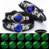 luminous 12 zodiac signs bracelet men women punk leather bracelet constellation bracelet zodiac jewelry for birthday day gift