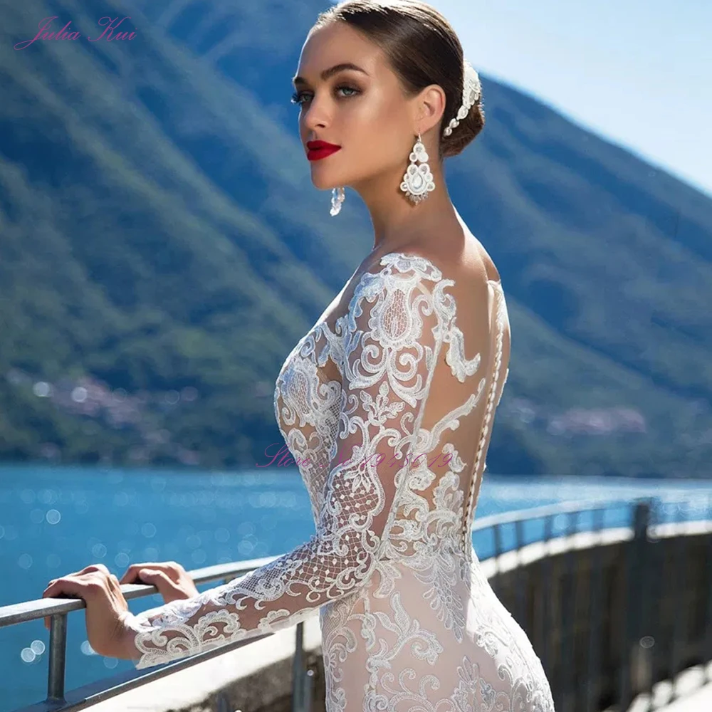 JULIA KUI Empire Mermaid Wedding Dress Full Sleeve Vestido De Noiva With Charming Lace Sewing | Свадьбы и торжества