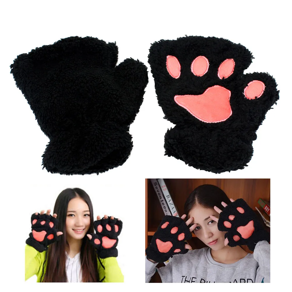 Женские 1 пара, зимние женские прекрасные перчатки для девочек, плюшевые теплые варежки, милые короткие перчатки без пальцев с кошачьей лапой FS99