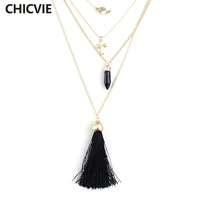 chicvie popular tassel retro black stone beads multilayer necklace pendant women top selling summer trending jewelry sne160077