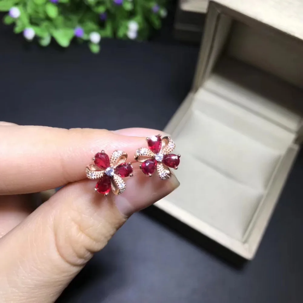 Серьги гвоздики из серебра 925 пробы с натуральным красным Рубином|stud earrings|jewelry