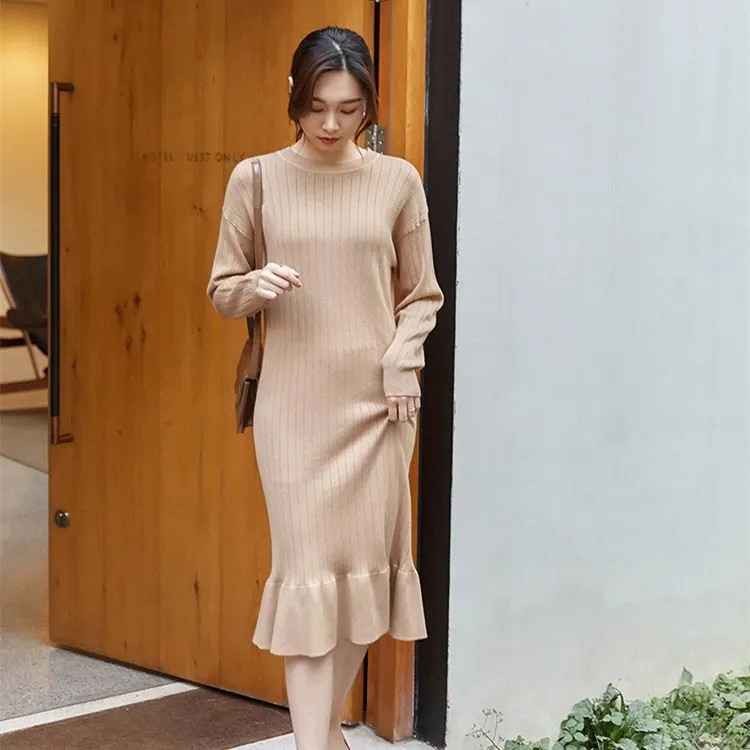 Платье-Свитер с круглым вырезом осенне-зимнее трикотажное платье оборками |