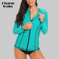charmleaks women long sleeve zipper rashguard swimsuit running shirt swimwear surfing top rash guard zipper upf50 hiking shirt