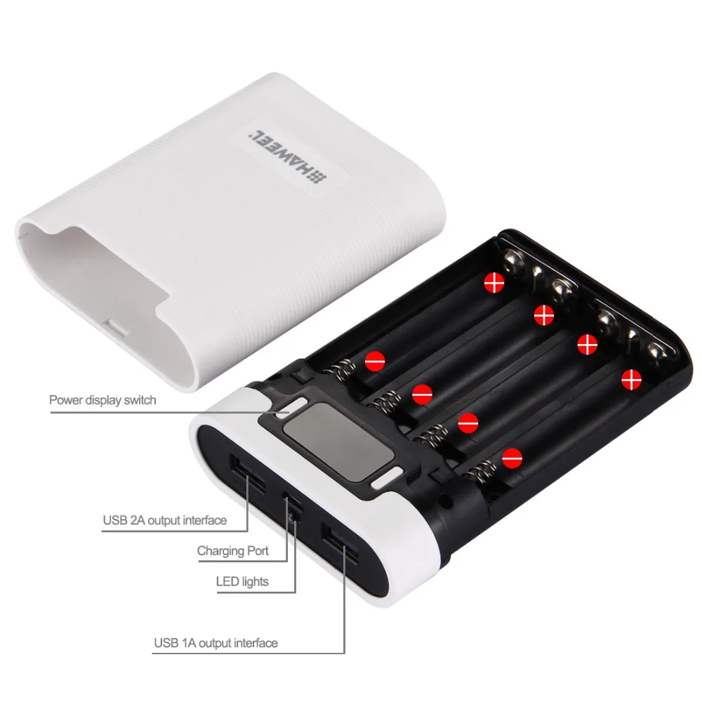 Портативное зарядное устройство HAWEEL DIY 4x18650 10000 мАч корпус 2 выхода USB и дисплей для