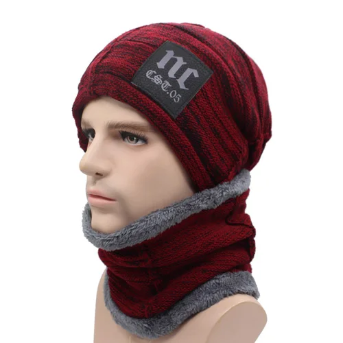 wine red set AETRUE зимняя вязаная шапка шапочки для мужчин женщин шарф Шапки Маска капор Теплые Мешковатые зимние шапки для мужчин зимняя шапки - Цвет: wine red set