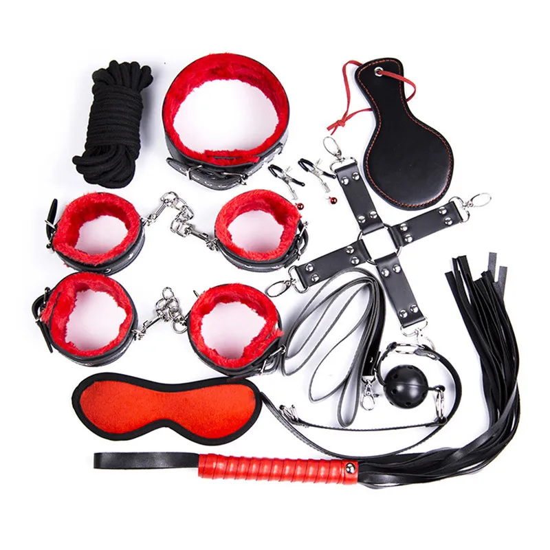 10pcs/set Adult Toys couple game accessory Leather Bdsm Bondage Set Fetish Mask Clamps Mouth Gag Handcuffs Nipple costume whip |