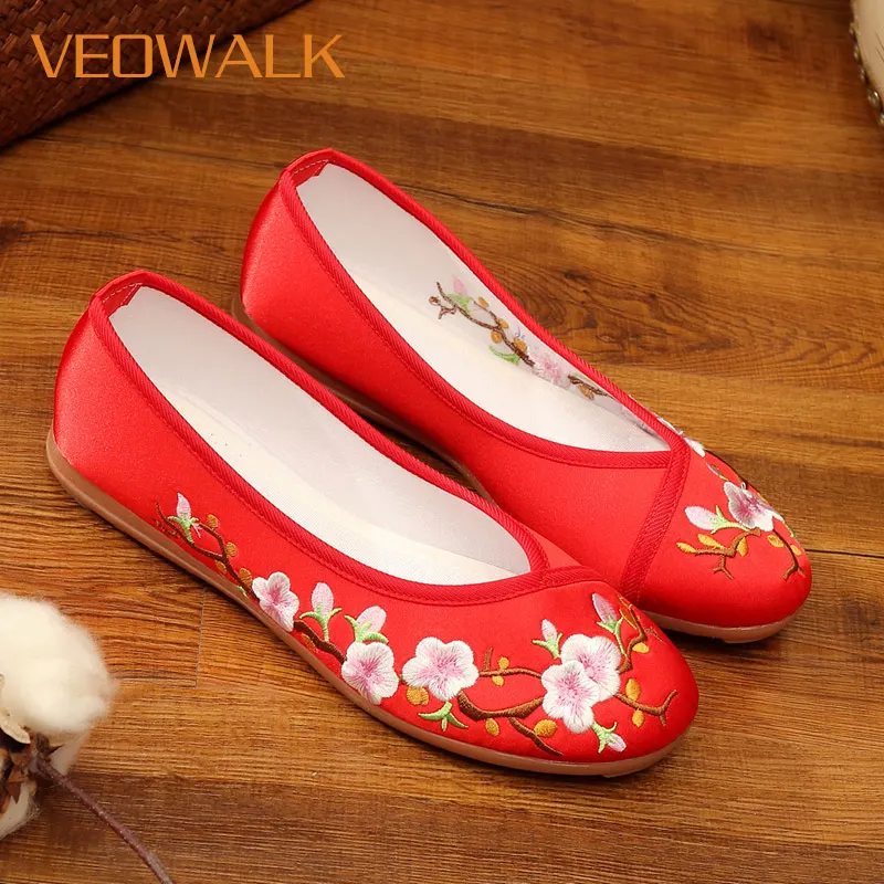 Veowalk/персикового цвета с вышивкой в виде цветка для Для Женщин Парусиновые балетки на плоской подошве женские Повседневное удобная обувь без шнуровки, женские балетки в китайском стиле ханьфу, Косплей обувь