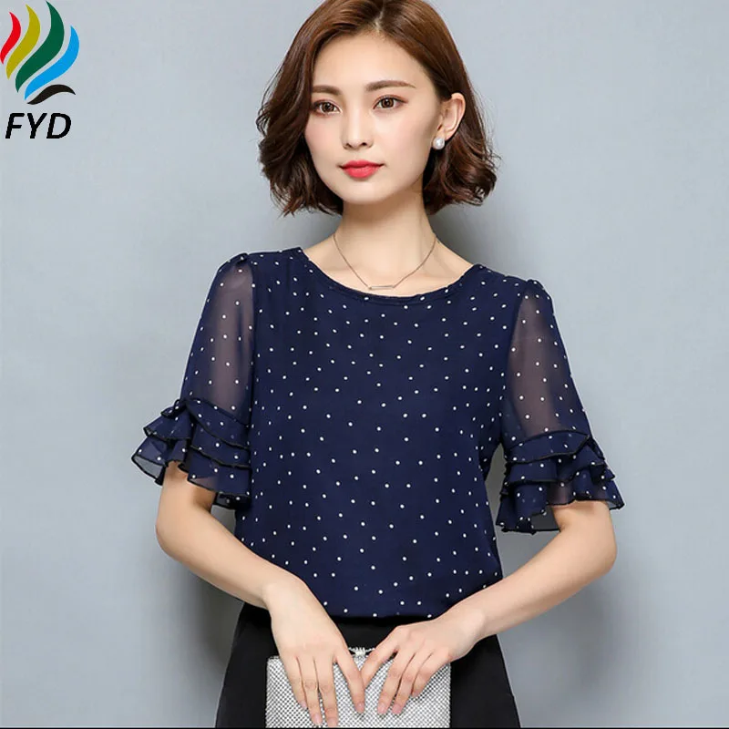 New 2017 Polka Dot Chiffon Women Blouses Shirts Short Sleeve Ruffles Summer Plus Size 3XL Woman Clothing Brand Tops |