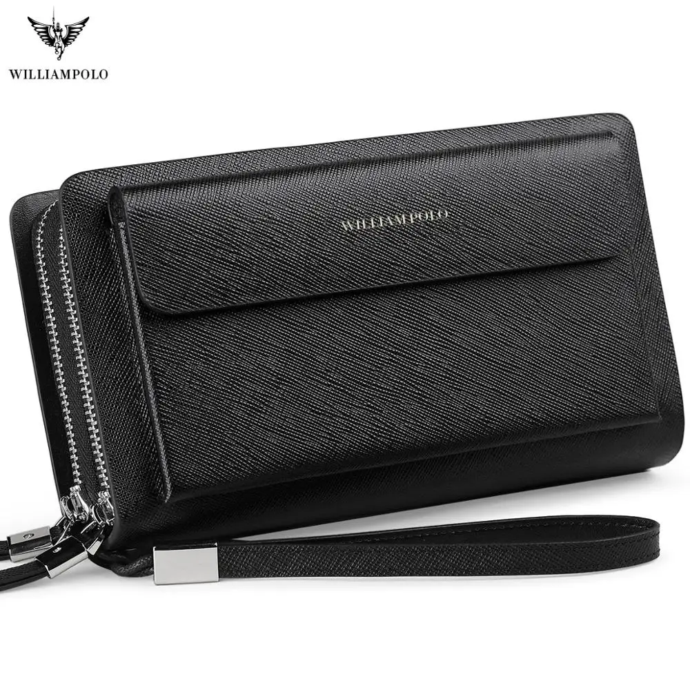WILLIAMPOLO New Men Wallet Genuine Leather Long Clutch Phone Pocket Card Holder Handbag Double Zipper Detachable Wristlet Black