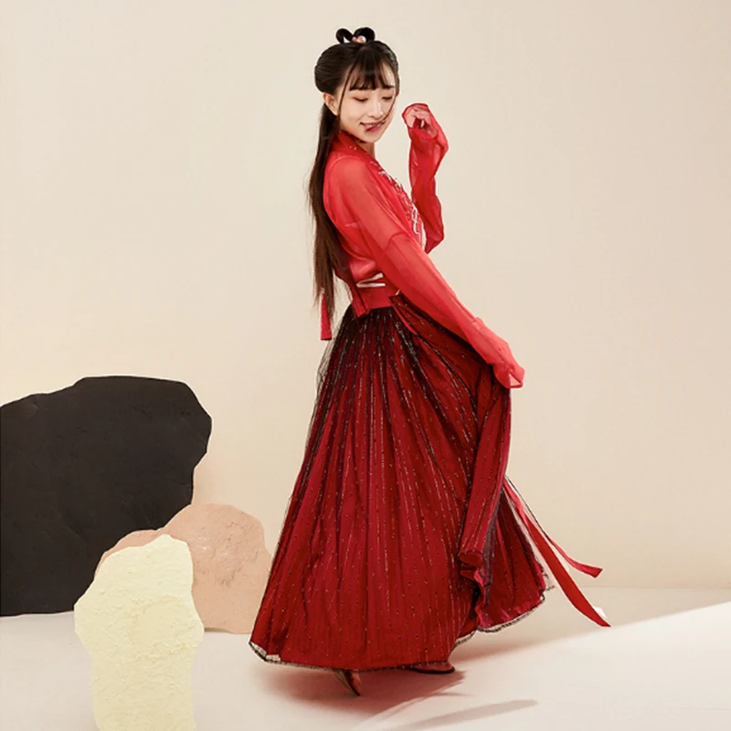 Красный ханьфу для женщин китайские старинные костюмы топ + юбка женская одежда