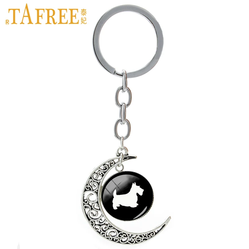 TAFREE Cute lovely Christmas New Year gifts key chain ring vintage Scottish Terrier pet dog lovers jewelry moon keychain T504 | Украшения и