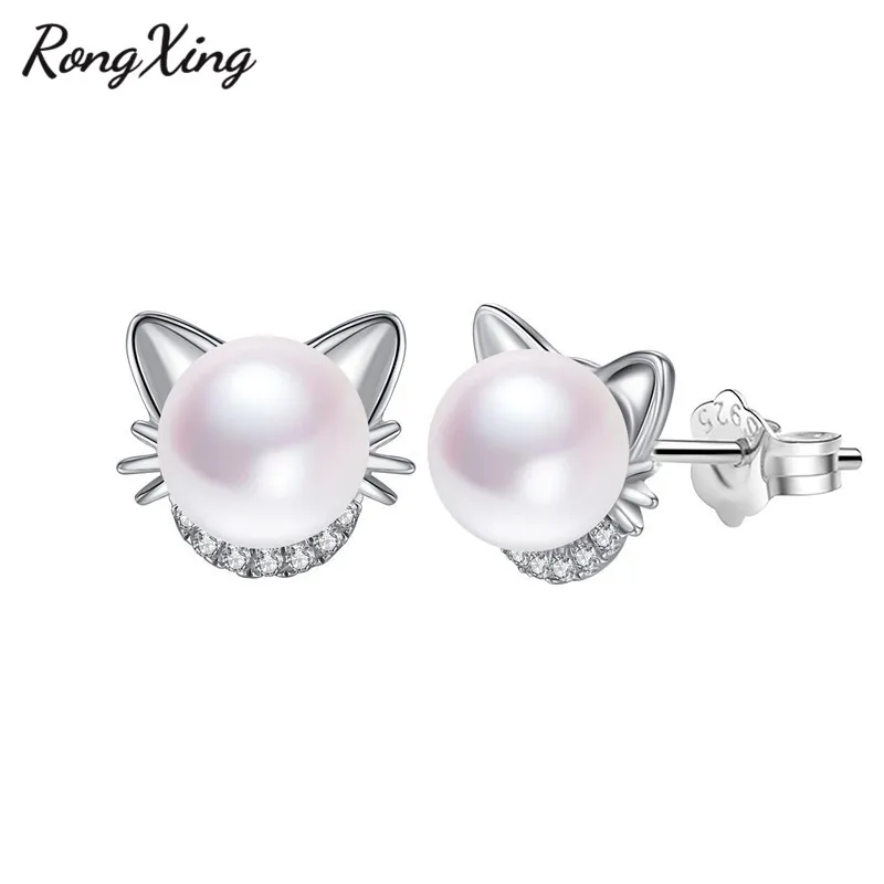 Женские серьги гвоздики RongXing с милым животным жемчугом и котом серебряные