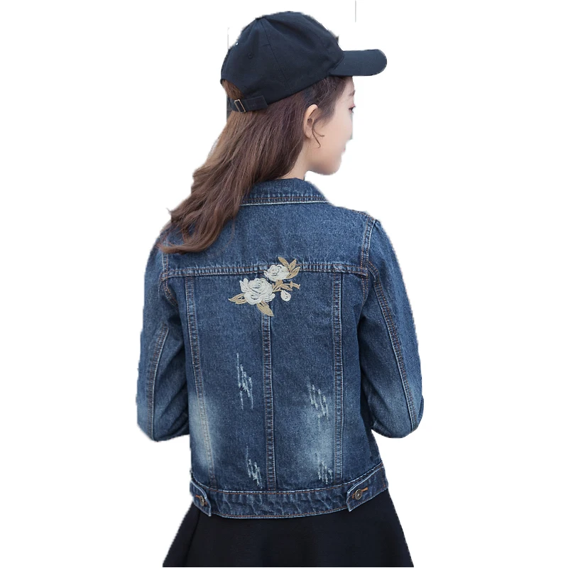 Короткая весенняя куртка с вышитым цветком Женская ветровка осенняя тонкая