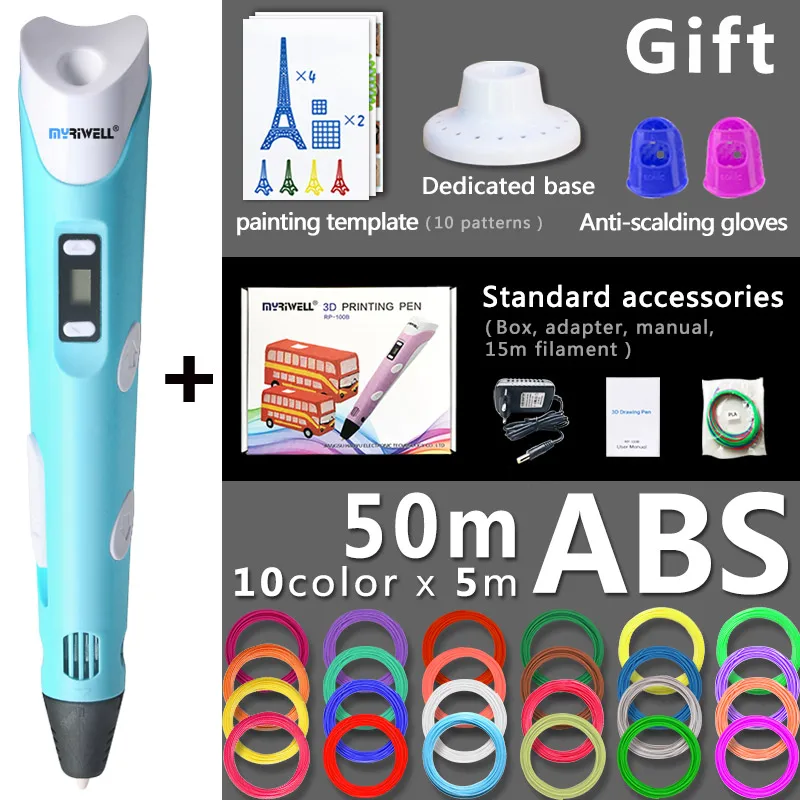 Myriwell 3d Ручка 3d ручки, 1,75 мм ABS/PLA нити, 3d модели, 3d принтер pen-3d волшебная ручка, для детей подарок на день рождения Рождественский подарок - Цвет: Blue pen 50m ABS