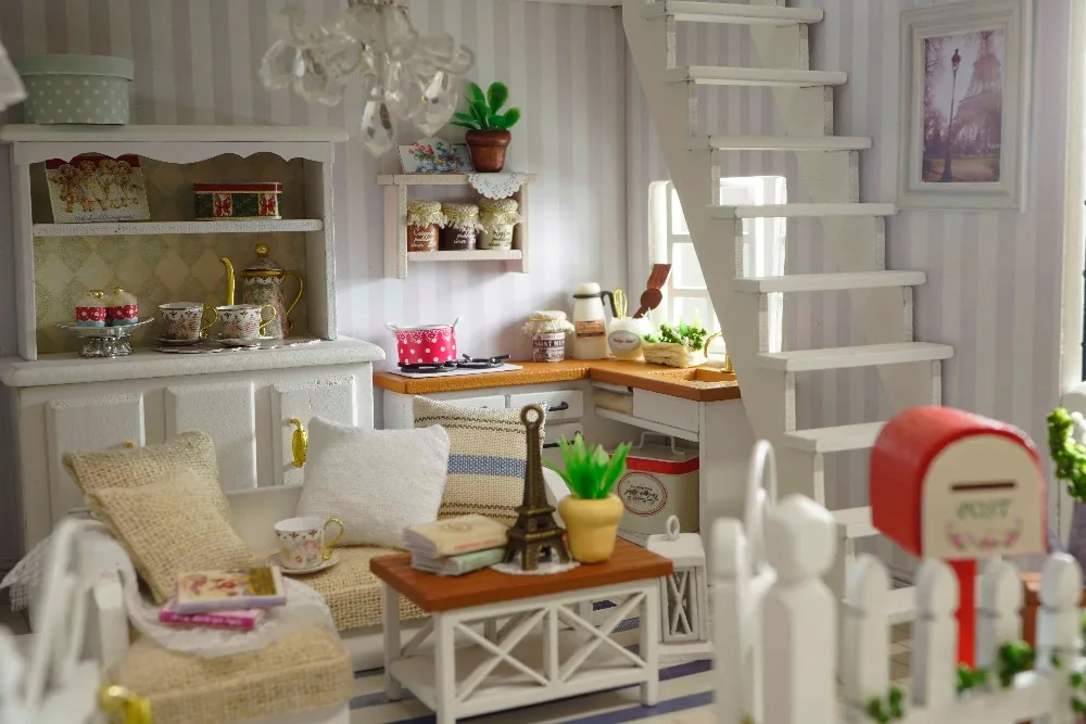 Сборный Diy Кукольный дом деревянные кукольные домики миниатюрные Diy ручной работы кукольный домик мебель комплект комнаты светодиодные фонари Дети подарок на день рождения
