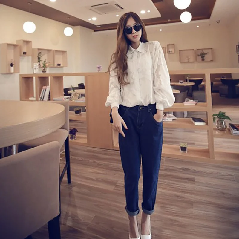 Модные женские повседневные свободные голубые мешковатые шаровары с высокой