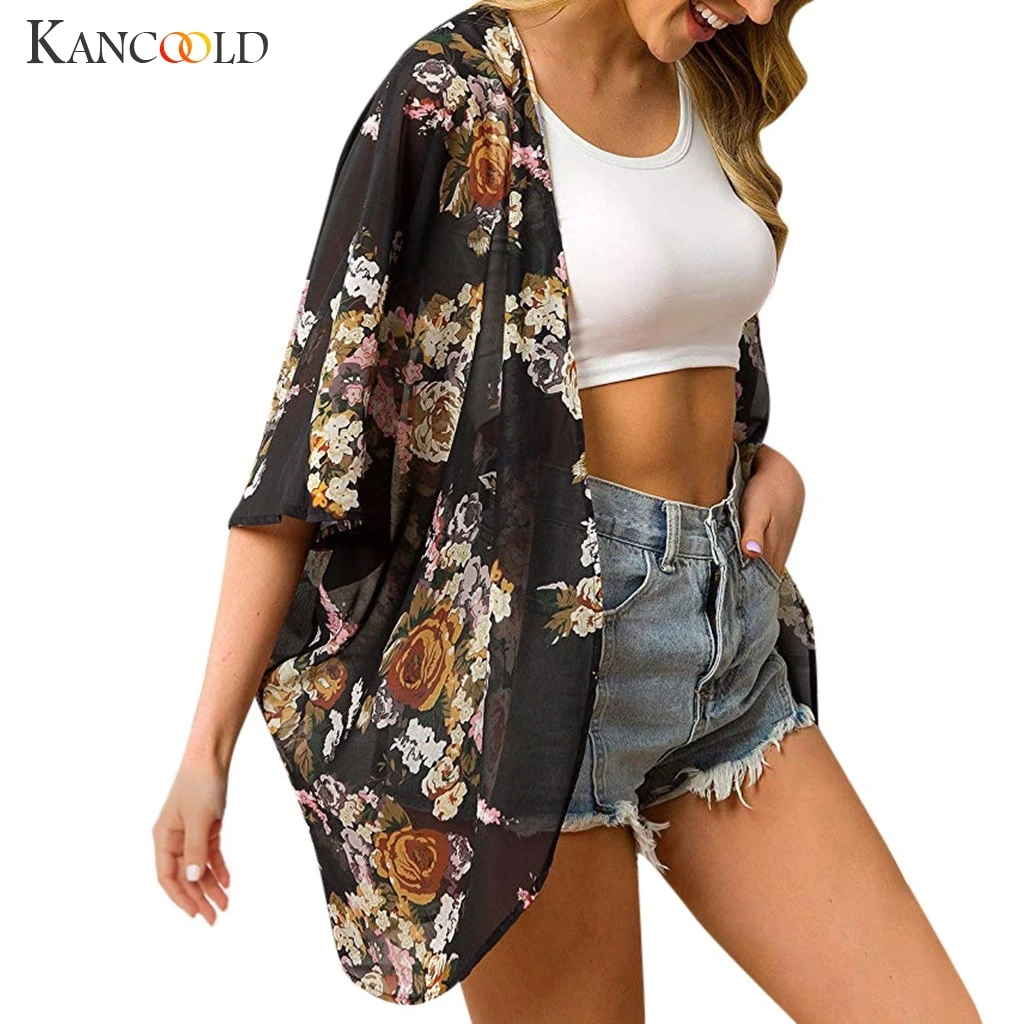 Женский кардиган с принтом KANCOOLD шифоновый пляжный коротким рукавом большие