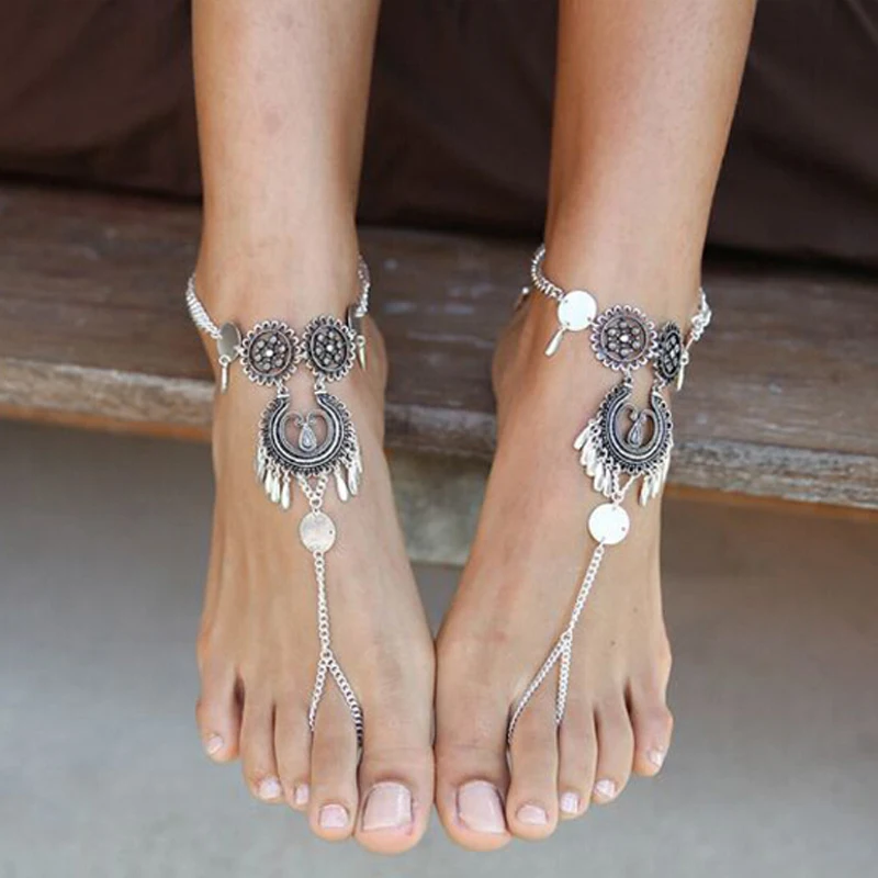 1pc Bohemian Jewelry Antique Silver Color Hollow Flower Chain Anklets Beach Barefoot Sandals Foot Boho Chic | Украшения и